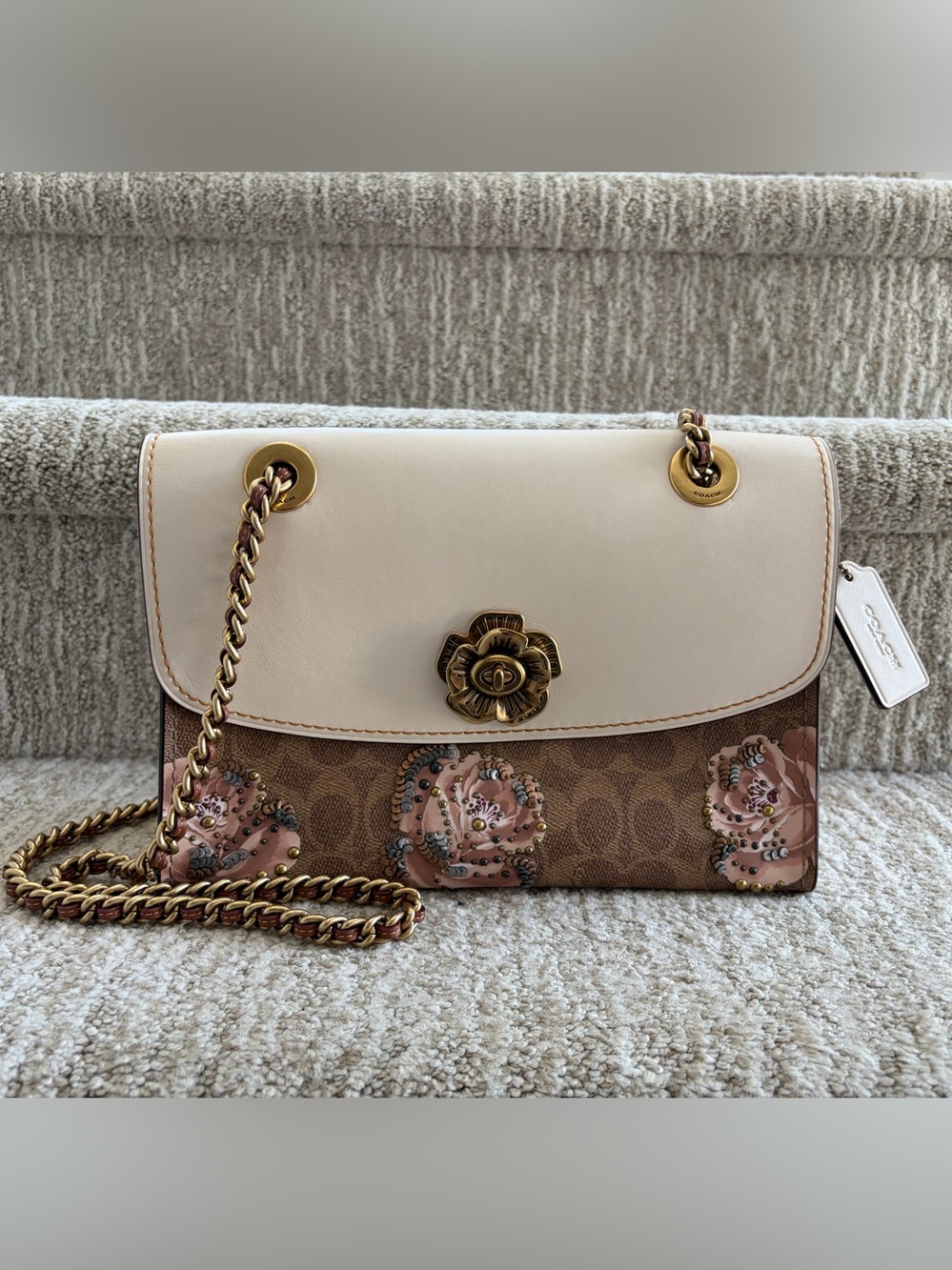 Coach Tea Rose Signature Print Parker Shoulder Bag Purse.